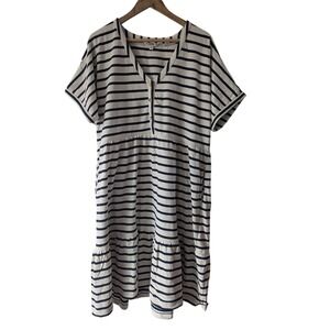 Fatface Ivory Navy Striped Tiered Ruffle V Neck T Shirt Dress Size 16‎